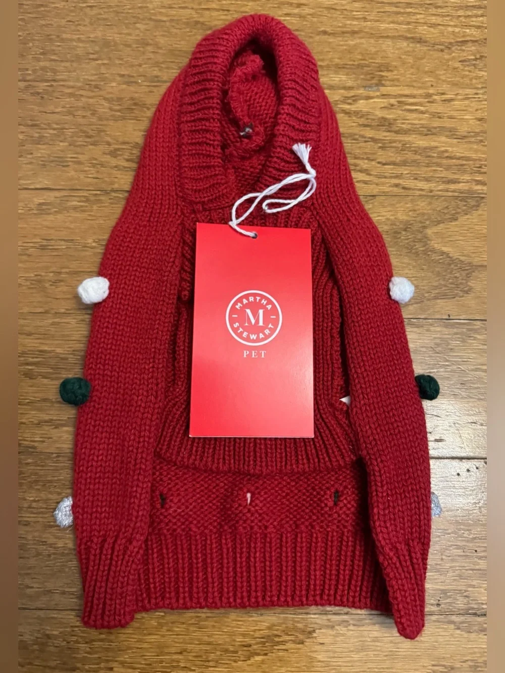 Martha Stewart Red, Green, White, & Silver Pom Pom Hoodie Puppy/Dog Sweater, XS